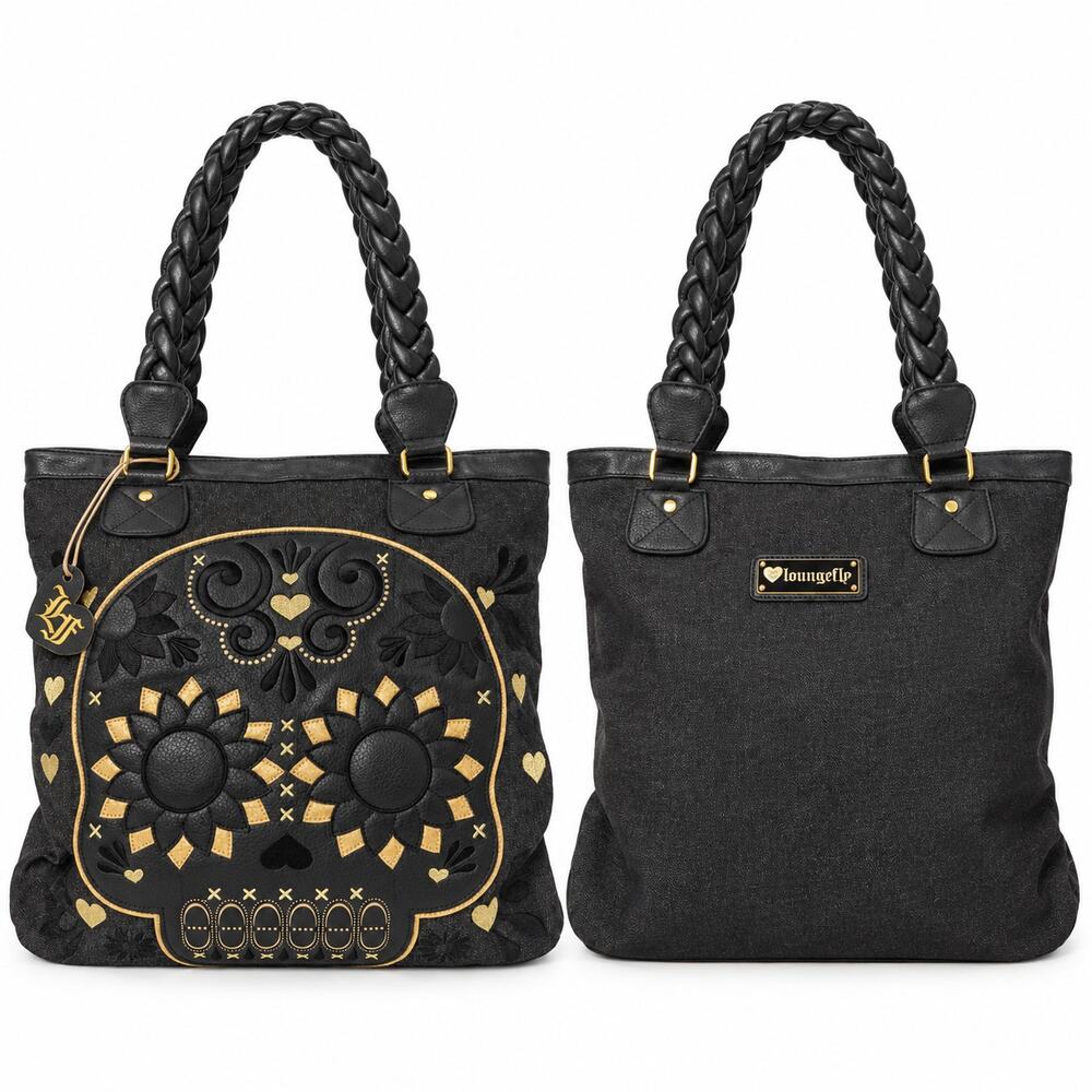 Loungefly Sugar Skull Tote Bag Black Gold Floral Braided Handle Gothic Purse